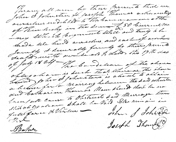 Catharine Thomas and John S. Johnson Marriage Bond