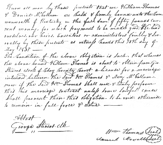 William Thomas and Mary McCollum Marriage Bond